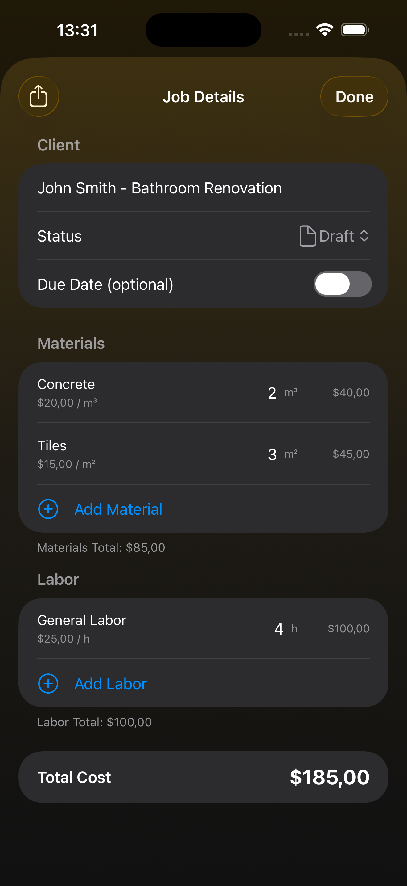 Job detail screen with automatic cost totals