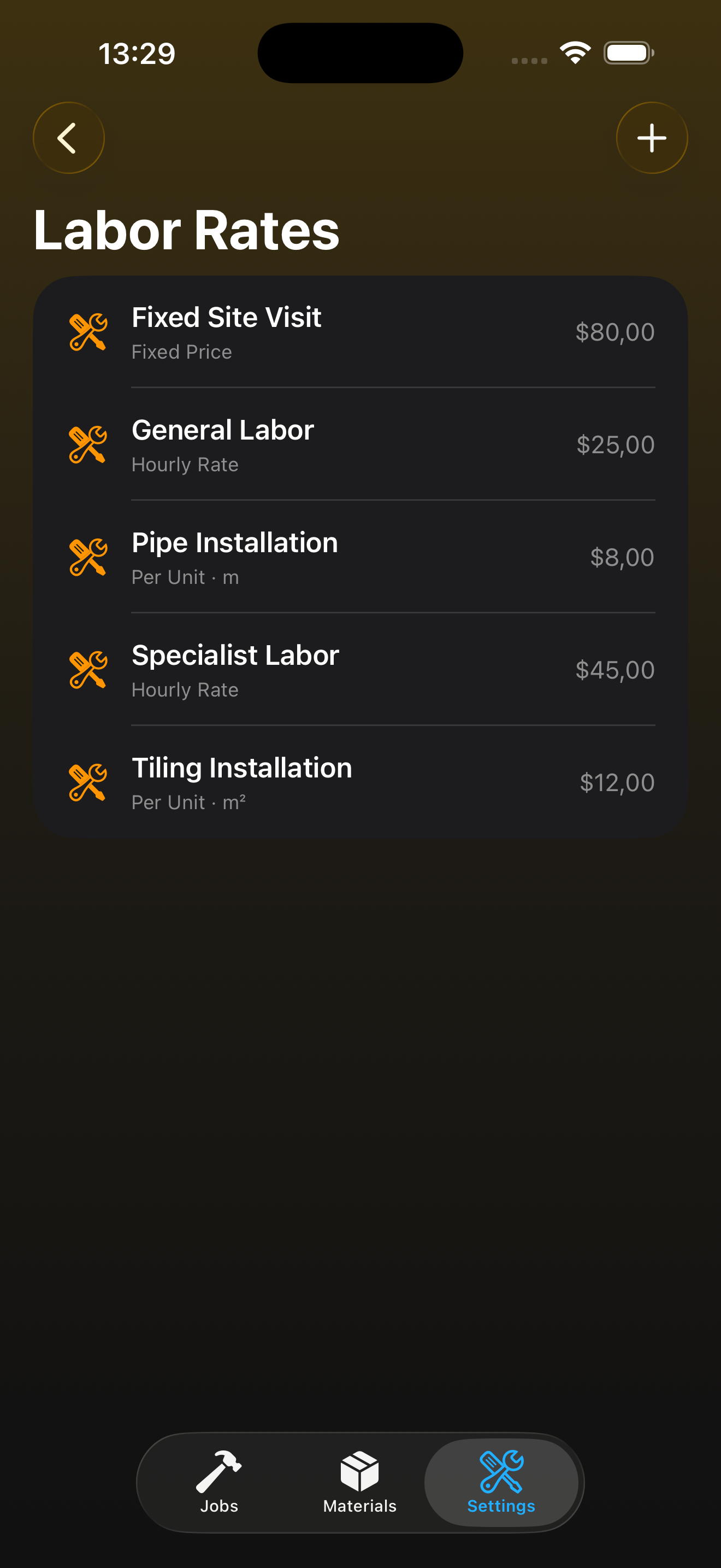 Labor rate settings screen
