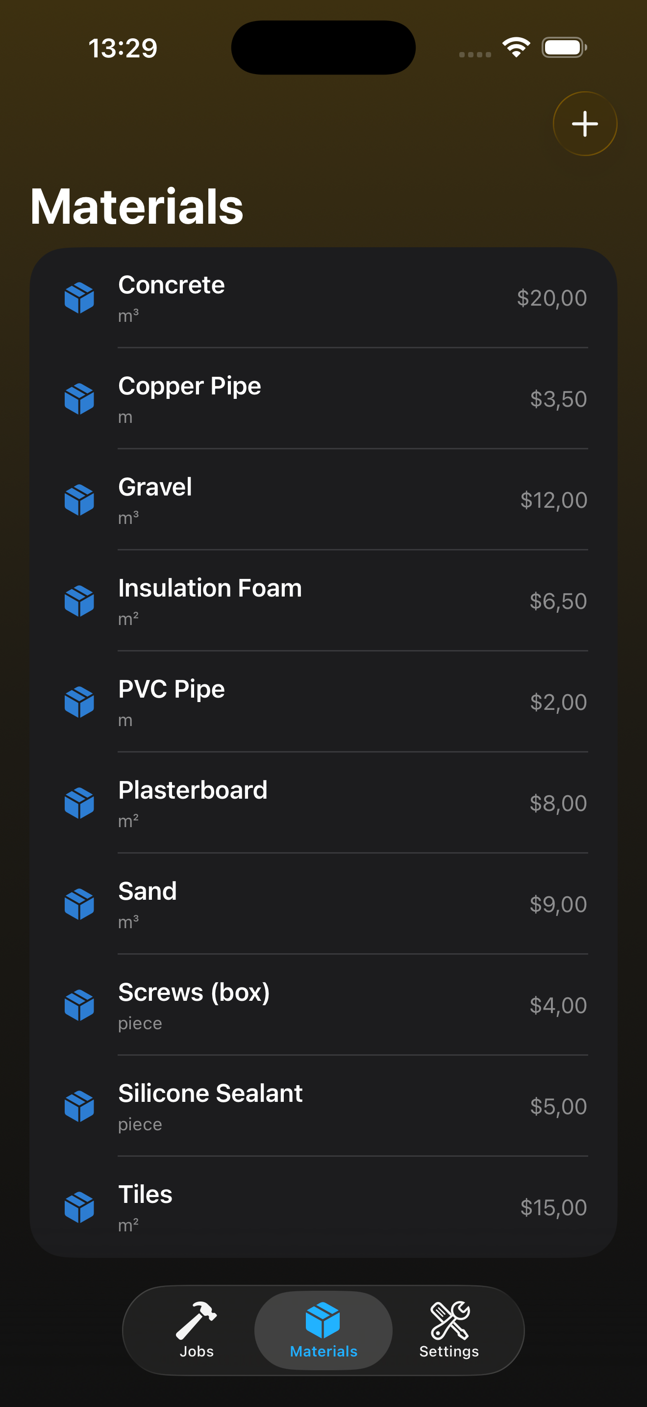 Materials price database screen