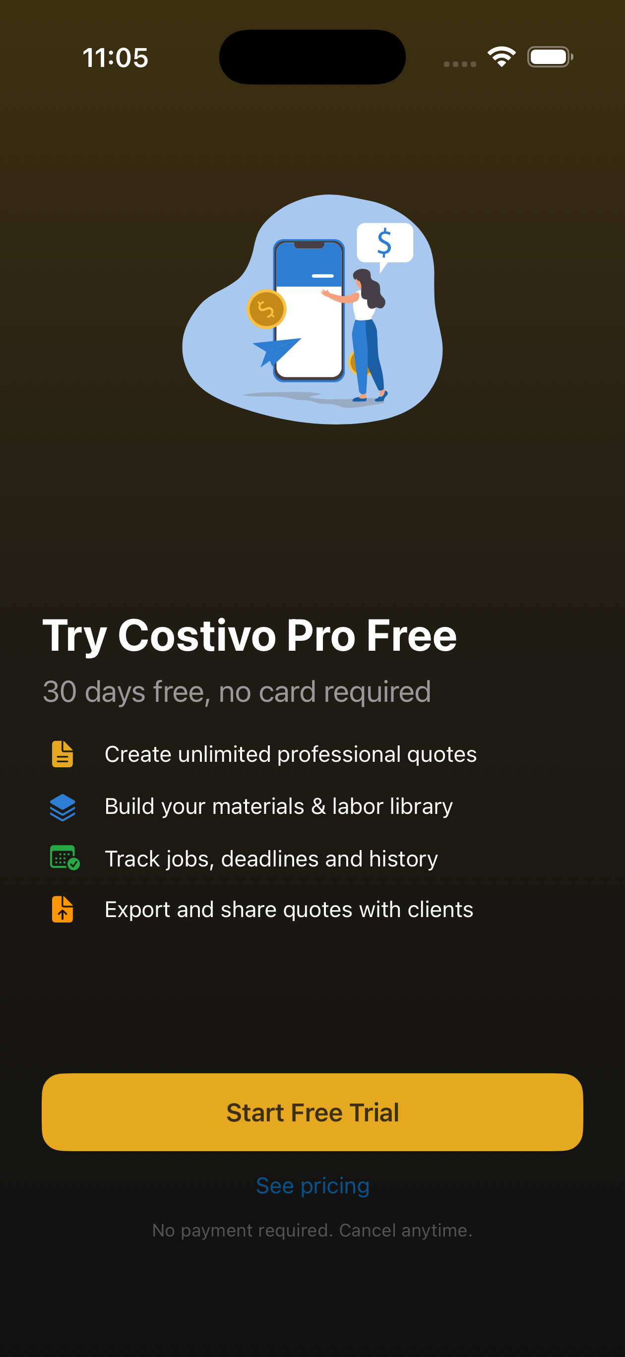 Free trial offer screen in Costivo