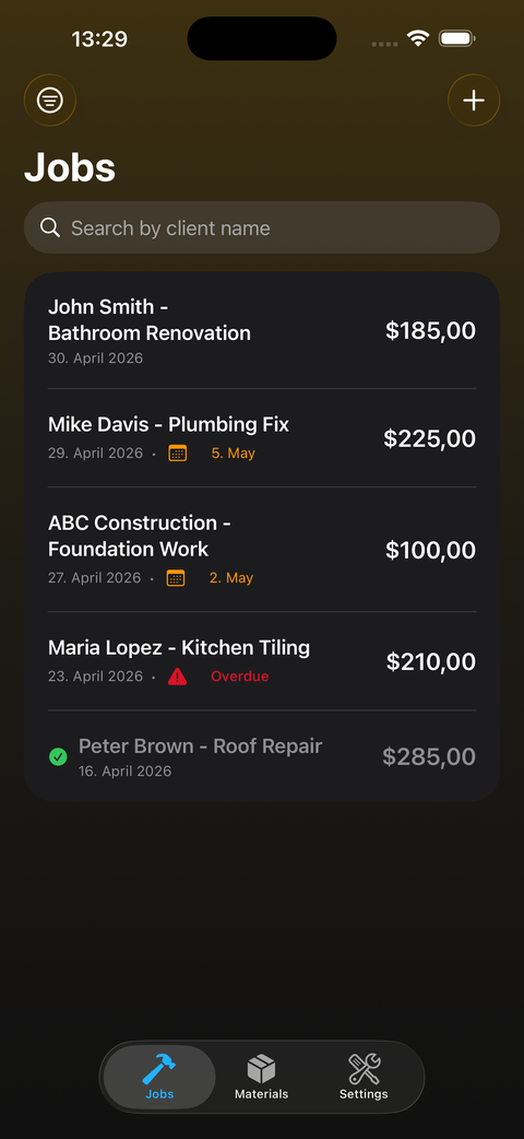 Costivo jobs list screen